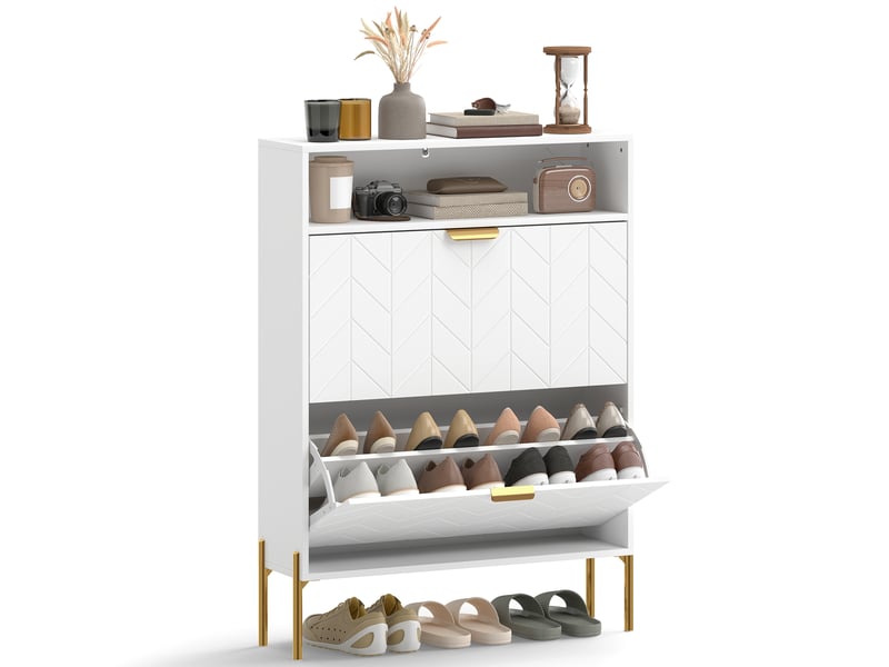  Meuble à chaussures 16 paires, armoire à chaussures étroite avec 2 tiroirs rabattables, compartiment ouvert, blanc  - Conforama A