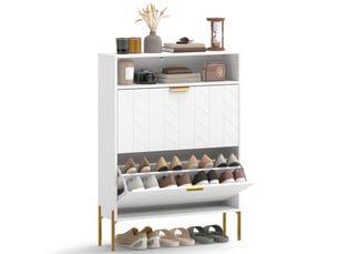 Meuble à chaussures 16 paires, armoire à chaussures étroite avec 2 tiroirs rabattables, compartiment ouvert, blanc