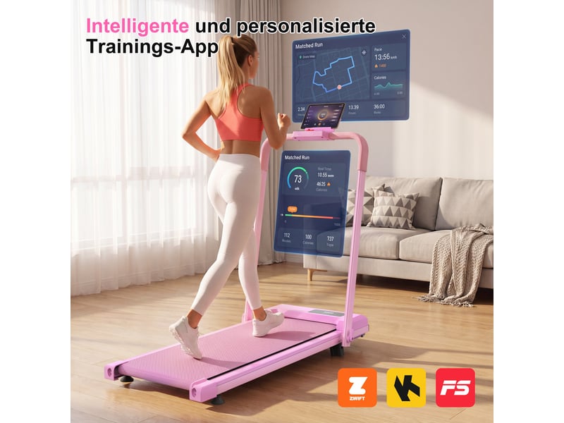  Tapis de course pliant 114x60x98.5cm - walking pad 3-en-1, inclinaison 10%, charge 120kg, app bluetooth - rose  - Conforama B