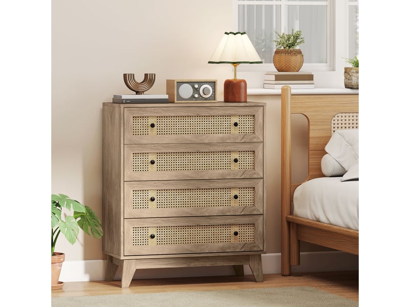  Commode 4 tiroirs meuble de rangement cannage en rotin 80 x 35 x 95 cm aspect bois clair  - Conforama D