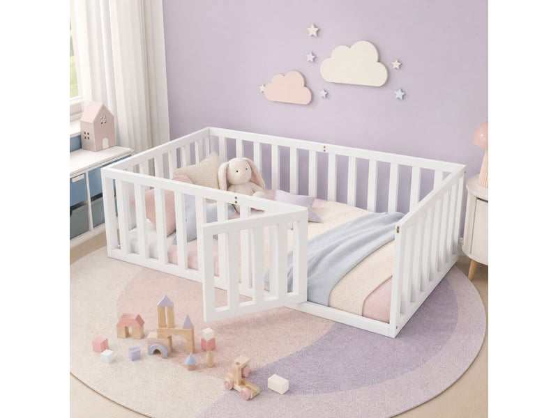  Lit enfant au sol 90x200 cm avec barrière et porte, blanc  - Conforama D