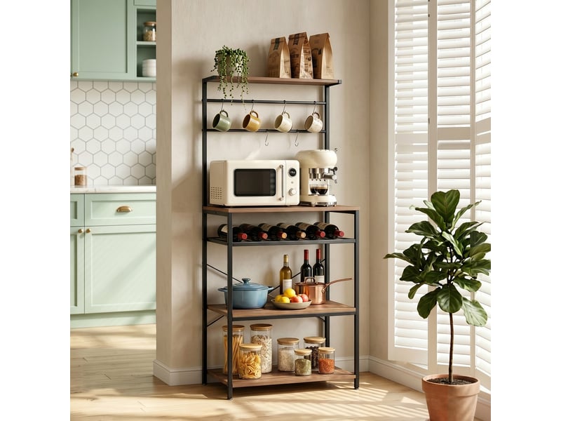  Étagère de cuisine style industriel à 5 niveaux avec 6 crochets et porte-bouteilles, noyer  - Conforama C