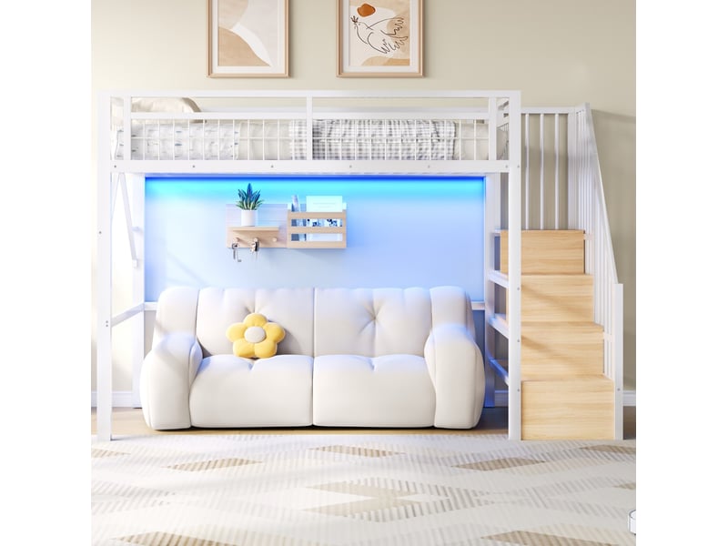  Lit mezzanine enfant 90x200 cm, led, marches avec rangement, cadre en métal, blanc, pour chambre enfant, sans matelas  - Conforama B