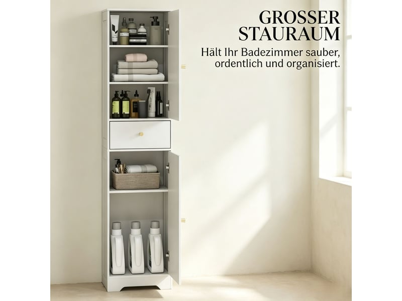  Armoire haute de salle de bain 40 x 29,5 x 170 cm rangement à deux placards et tiroir étagère réglable sur trois positions panneau de particules finition blanche portes à panneaux cintrés poignées dorées  - Conforama E