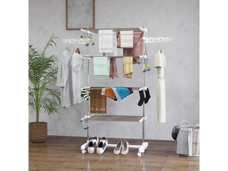  Séchoir à linge pliable avec ailettes latérales, pour une utilisation intérieure et extérieure, 142 x 55 x 172 cm, 4 niveaux, blanc  - Conforama D