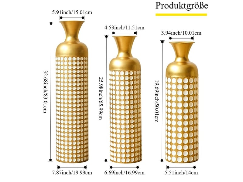 Lot de 3 vases de sol en métal h 836650 cm – doré à pois blancs – pour fleurs séchées décoratives - Conforama C