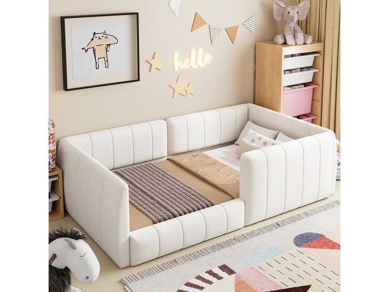 Lit enfant 90x200 cm, lit plateforme rembourré avec barrières de sécurité, tête de lit capitonnée et cadre bas - beige - Conforama B
