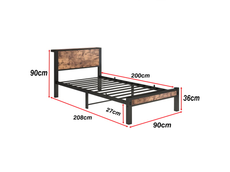  Cadre de lit en métal 90x200 cm, tête de lit avec rangement, plateforme silencieuse, style vintage marron, sans sommier  - Conforama C