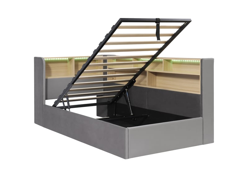  Lit banquette 90x200 cm – gris – coffre hydraulique avec led, usb-c et rangements ouverts latéraux – sans matelas  - Conforama D