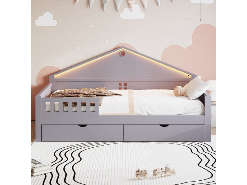  Lit enfant 90x200 cm gris avec bandeau led contrôlable, 2 tiroirs et sommier à lattes inclus  - Conforama R