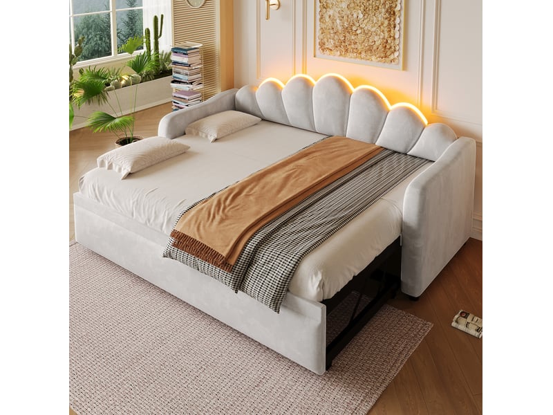  Lit gigogne multifonctionnel 90x200 cm led, lit enfant, lit simple avec tête de lit, mdf, velours gris sans matelas  - Conforama W