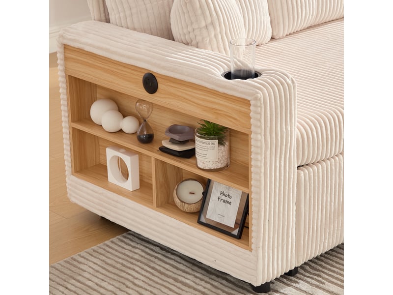  Canapé convertible velours côtelé 3 places avec rangement, lit d'appoint, led, port usb-c et porte-gobelets, 196 cm  - Conforama W