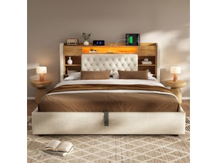 Lit coffre 160 × 200 cm 2 places avec led, usb, type-c et étagères, sans matelas, en tissu beige
