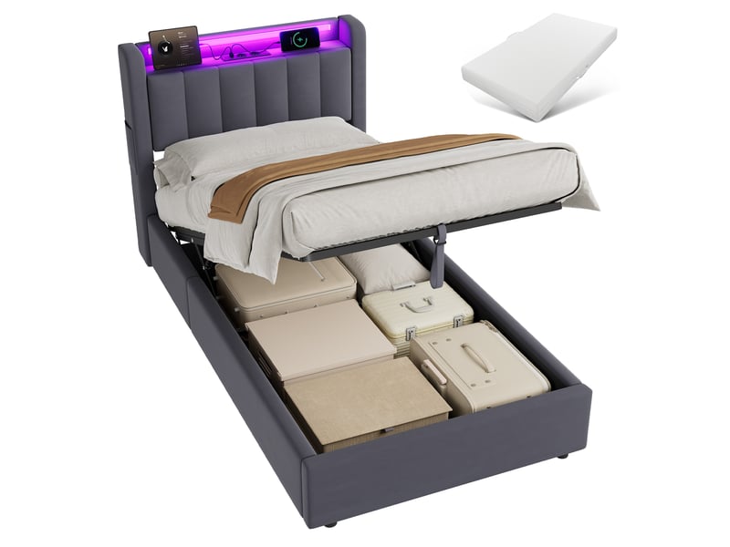  Lit pour enfant 90 × 200 cm 1 place avec prises électriques et éclairage led, lit rembourré avec coffre de rangement, grand espace de rangement, avec matelas, gris  - Conforama A