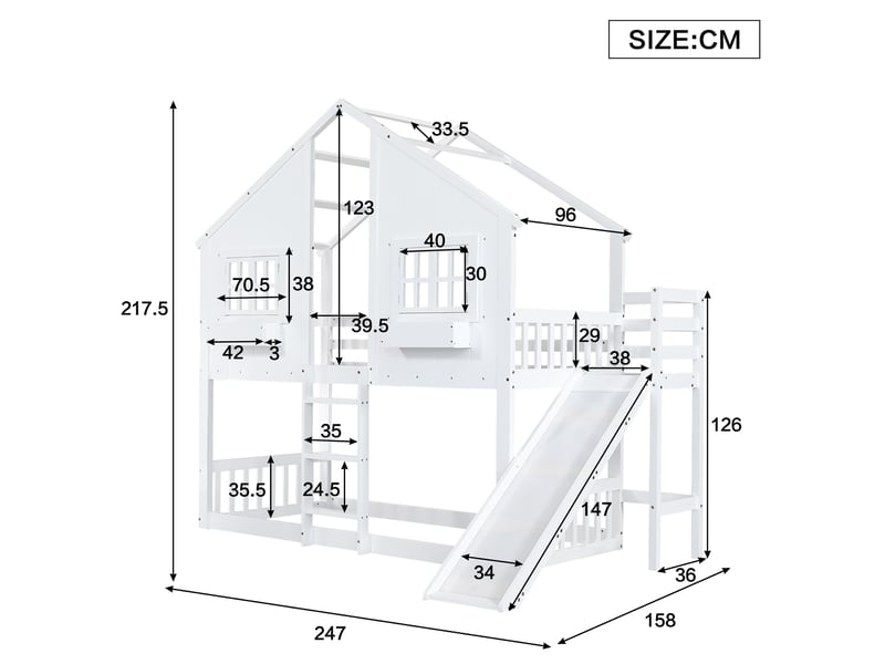  Lit superposé enfant 90x200 cm – blanc – cabane avec toboggan, échelle 3 marches et barrières sécurisées  - Conforama C