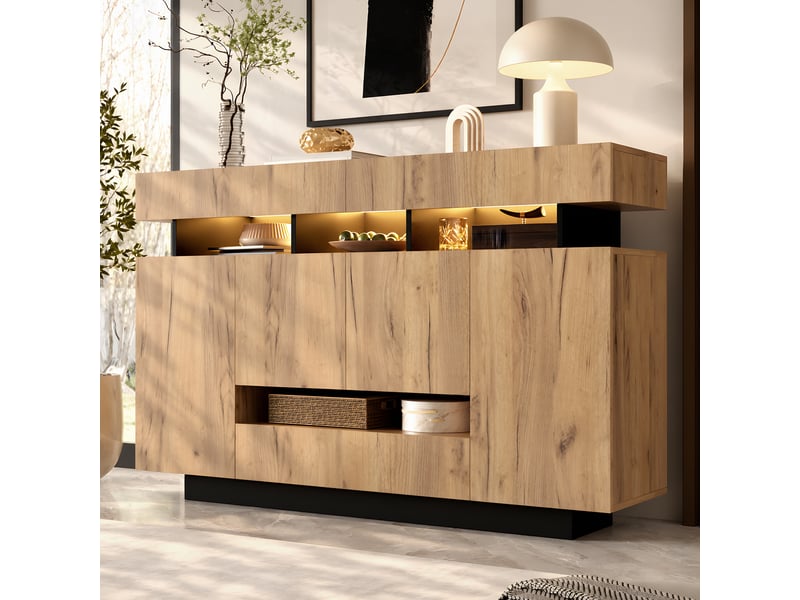 Buffet bas avec éclairage led 140x35x90 cm, 4 portes, 3 tiroirs, niches ouvertes et rangement spacieux - naturelnoir - Conforama E