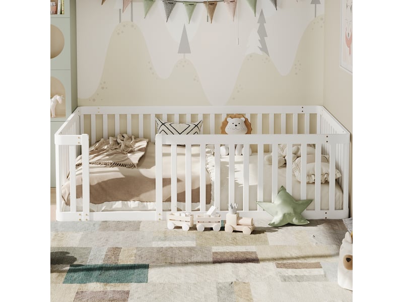  Lit enfant 90x200 cm en pin avec barrière blanc chicfurn  - Conforama B