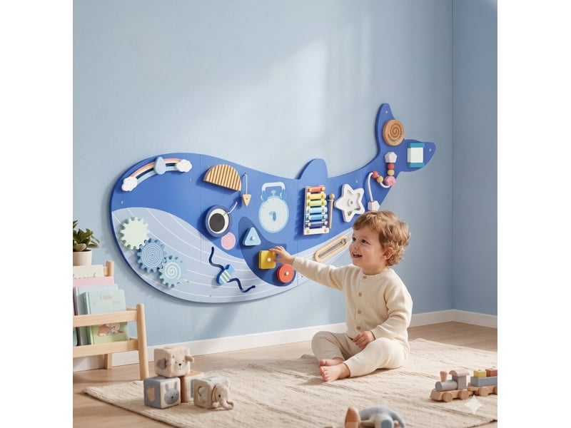 Tableau d'activités montessori 13-en-1 120x55,5 cm mdf bleu, busy board mural avec xylophone et horloge - Conforama B