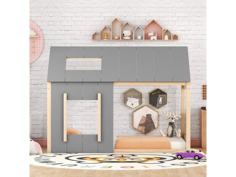 Lit simple enfant 90x200cm, lit en bois, lit cabane, forme de maison, gris + naturel - Conforama B