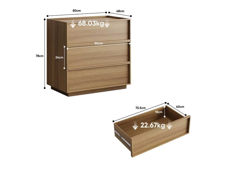  Commode moderne en bois - chêne - 3 tiroirs spacieux - design minimaliste - protection anti-basculement 80x48x78cm - Conforama B