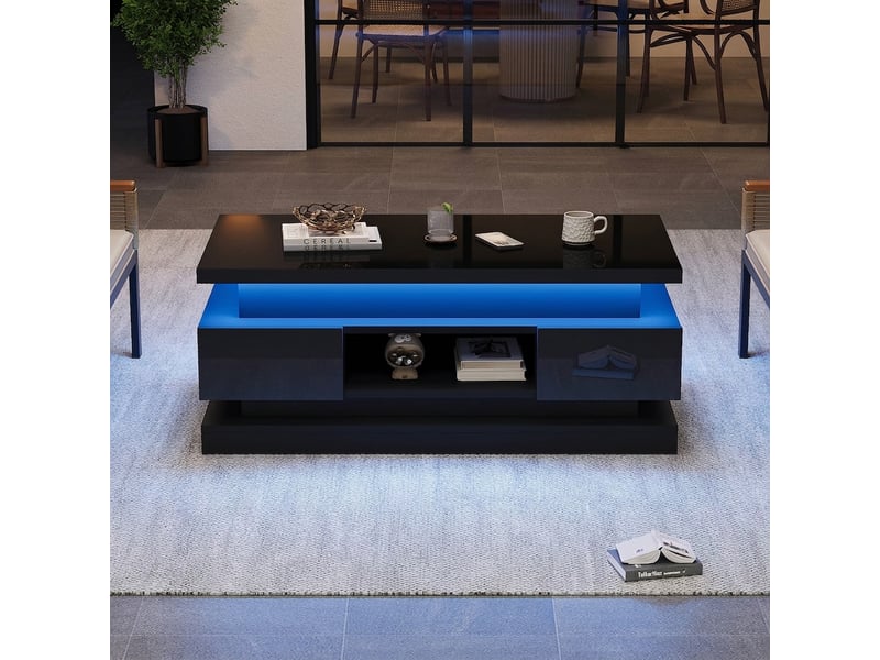  Table basse relevable 100x50 cm avec 2 tiroirs et rangement caché, finition brillante et led app, noir  - Conforama B