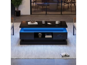 Table basse relevable 100x50 cm avec 2 tiroirs et rangement caché, finition brillante et led app, noir