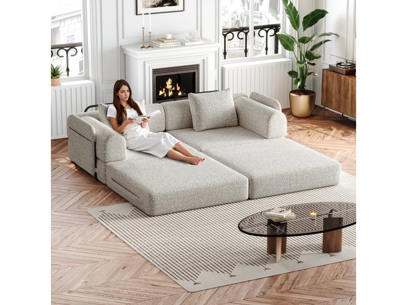  Canapé convertible modulable 2 places en chenille, composé de 2 modules, accoudoirs avec rangement, 3 cadres en acier par siège, bases antidérapantes  - Conforama C
