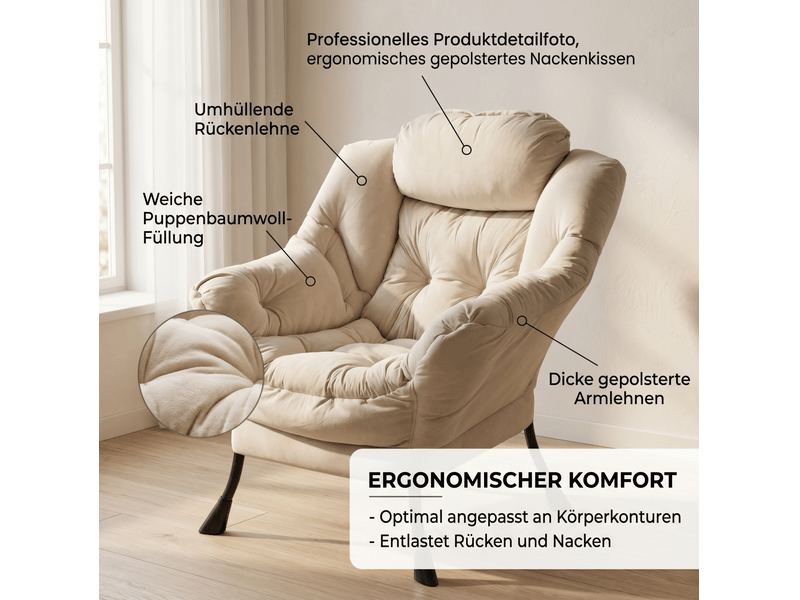  Fauteuil relax avec pouf, fauteuil avec accoudoirs, pochette latérale &amp; repose-pieds, fauteuil d'angle, fauteuil tv, fauteuil oreille pour salon, chambre, bureau (beige)  - Conforama E