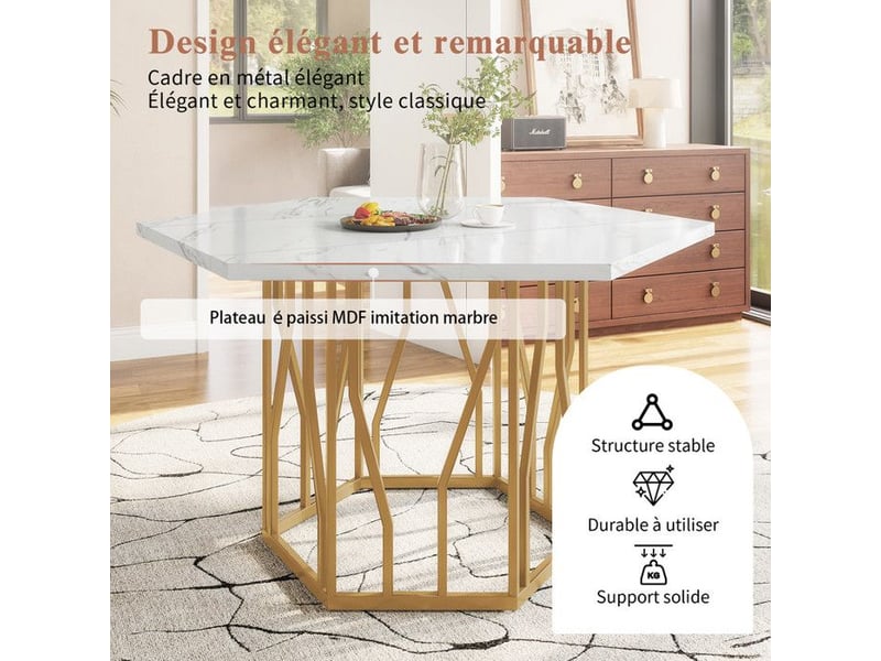  Table à manger hexagonale moderne – plateau en mdf marbré &amp; structure métal doré –style élégant pour salonsalle à manger 115.5x100x75cm - Conforama D