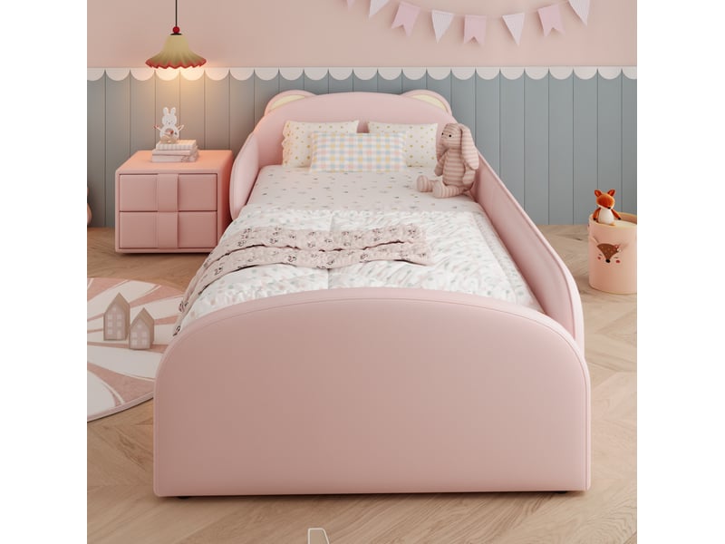  Modenvie lit enfant 90x200 cm - tete de lit ourson, table de chevet incluse - sans matelas - rose  - Conforama D