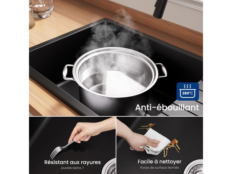  Cecipa max évier en granit 86x45cm - évier de cuisine noir - avec égouttoir et panier égouttoir - siphon et crépine inclus  - Conforama D