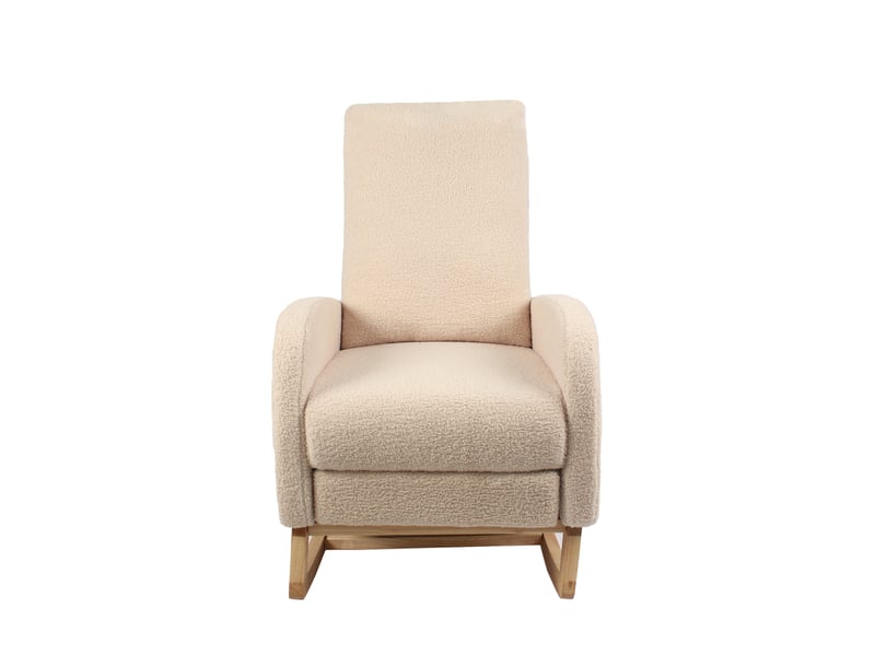  Fauteuil à bascule avec repose-pieds dépliable, dossier haut ergonomique et poche latérale en tissu teddy beige  - Conforama A