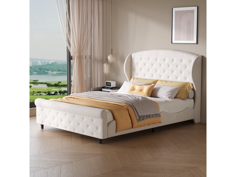 Lit 140x200cm - lit double 140x200 - rembourré velours avec tête & pied capitonnés chesterfield & sommier à lattes - beige - Conforama D