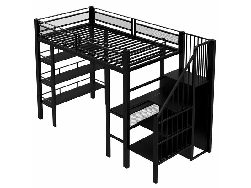  Lit surélevé 90x200 en métal noir avec led, prise, étagère et bibliothèque, lit simple multifonction  - Conforama A