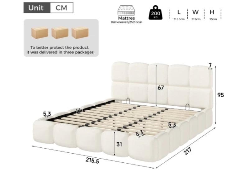  Lit capitonné, lit double, 200×200 cm, avec sommier à lattes, tête de lit et grand espace de rangement, blanc, tissu bouclé  - Conforama C