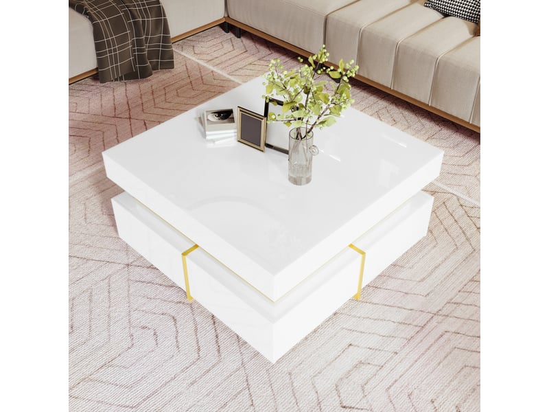 Table basse 70x70x35,5 cm avec 2 tiroirs, rangement sur deux côtés, finition brillante, panneaux de particules, blanc et doré ABC - Conforama B