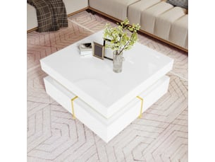 Table basse 70x70x35,5 cm avec 2 tiroirs, rangement sur deux côtés, finition brillante, panneaux de particules, blanc et doré