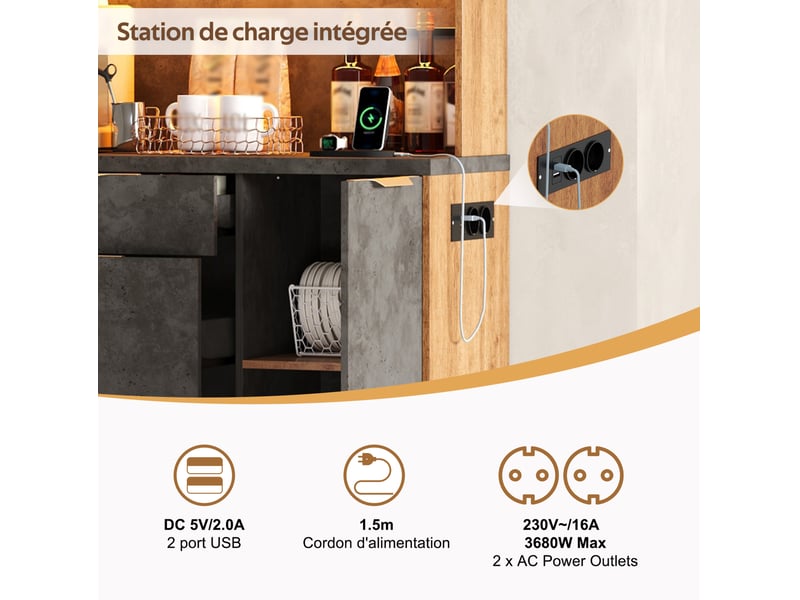  Buffet de cuisine 100x40x180 cm avec 3 tiroirs et 4 portes, éclairage led et prises en mdf couleur naturel et gris  - Conforama E