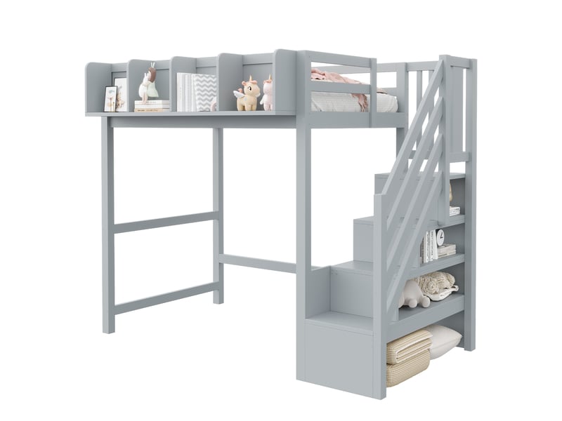 Lit mezzanine enfant simple 90×200 cm avec led et rangement ouvert - okmyhome- échelle, sans matelas, bois gris - Conforama A