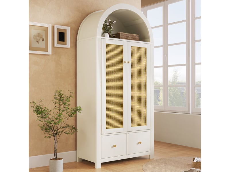  Armoire 2 portes 78 x 45 x 181 cm, 2 tiroirs, penderie et cannage en rotin blanc  - Conforama E