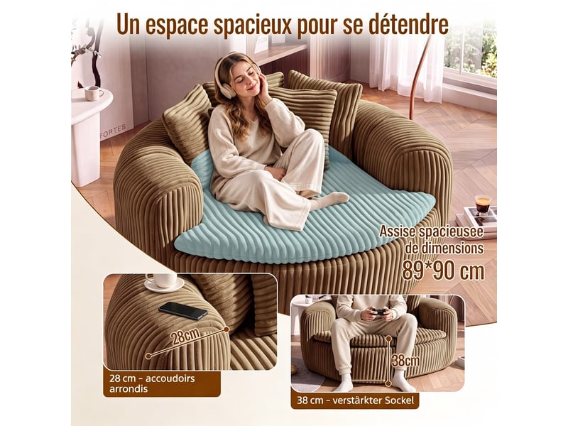  Pouf lounge côtelé en velours côtelé camel avec assise profonde et 5 coussins pour... IKSETERA TRADING LTD - Conforama D