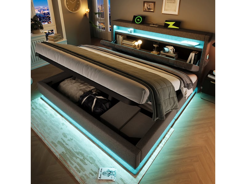  Lit coffre double 140×190 cm led, usb et type-c  - tête de lit rangement, lin gris, sans matelas  - Conforama C