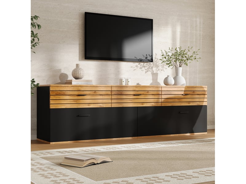  Meuble tv 168 x 38 x 59 cm naturel et noir avec 3 tiroirs et 2 portes abattantes  - Conforama D