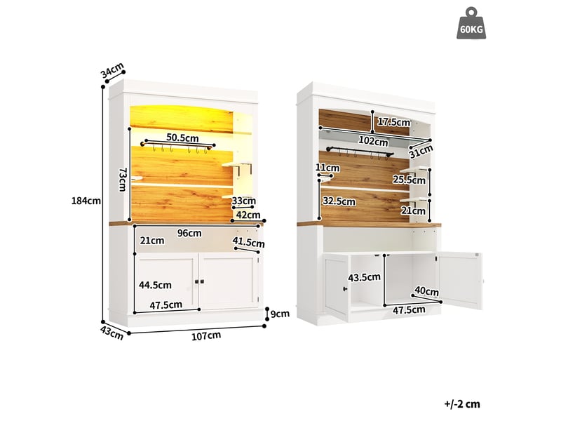  Buffet haut modenvie set de 2, 184 cm, led rgb, avec étagère en verre et barre à crochets, mdf et métal, blanc  - Conforama C