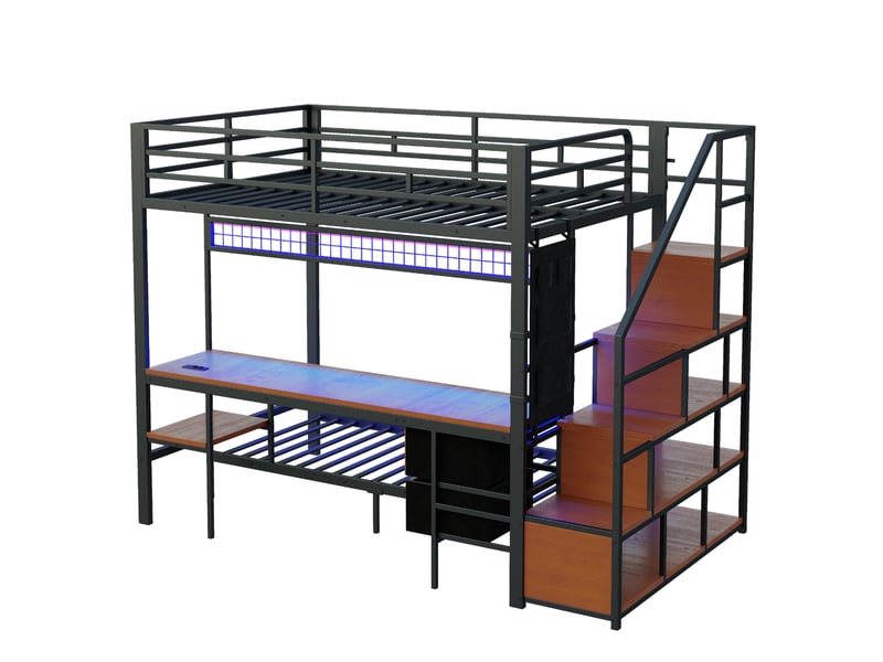 Lit mezzanine enfant 140x200 cm – noir – couchage 90x200, bureau led, prises et rangements intégrés - sans matelas - Conforama D