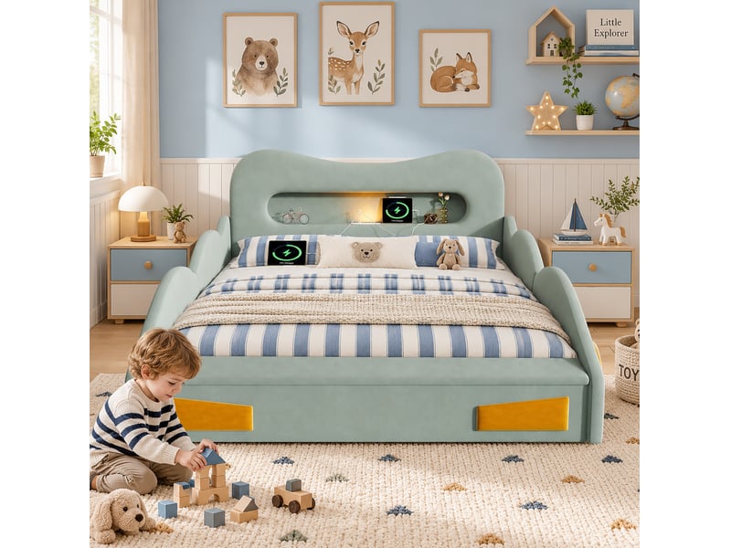  Lit enfant 140 × 200 cm en forme de voiture avec rangement au pied, liseuse et prise de charge, en velours vert  - Conforama E