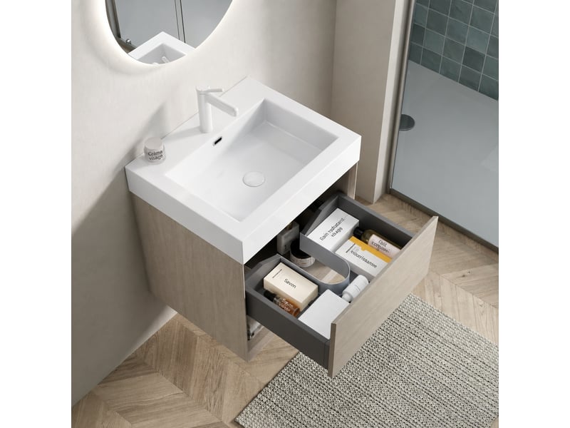  Meuble vasque suspendu 55 cm effet chêne clair avec vasque rectangulaire en résine minérale  - Conforama B