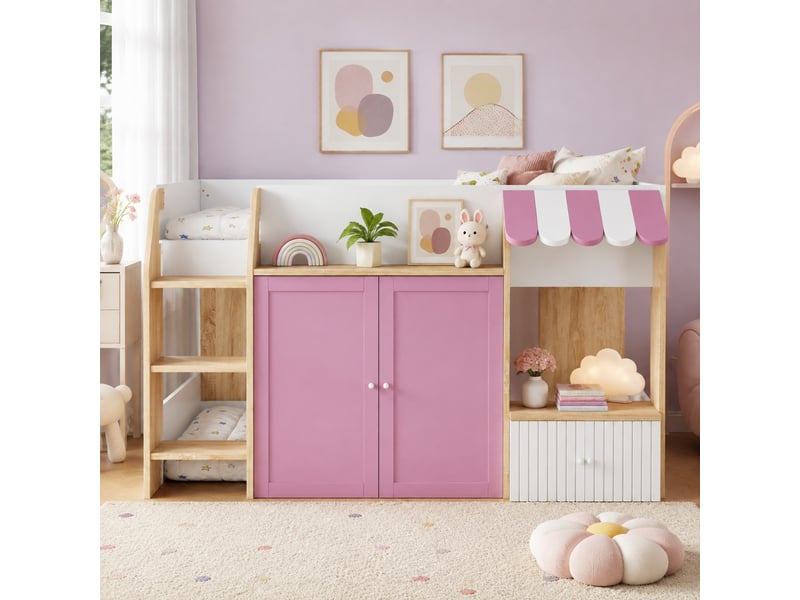 Lit mezzanine enfant mi-hauteur style maison 90x200 cm rose et blanc - Conforama C