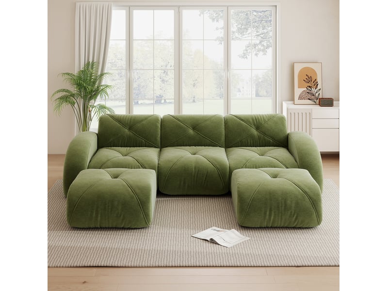  Canapé modulable en u ulevr 3 places avec 2 poufs, sans cadre, tissu chenille vert, 281 x 171 x 76 cm, sans montage  - Conforama B