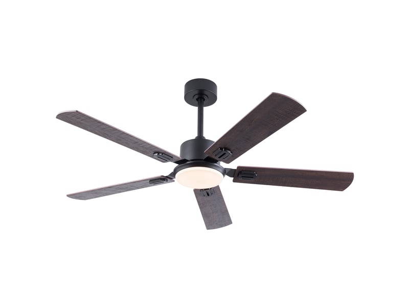 Ventilateur de plafond avec lampe, ventilateur silencieux avec télécommande pour salon chambre, en métal et bois 132 cm 5 pales, noir et noyer foncé - Conforama A